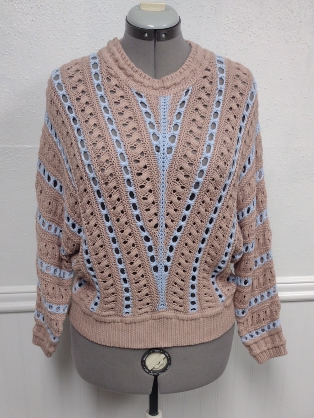 Heartloom Taupe and Light Blue Open-Knit Crew Sweater